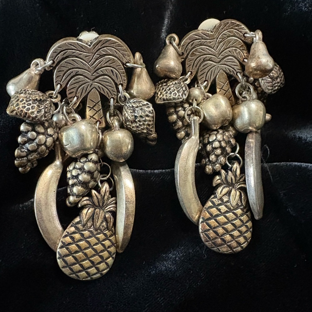 Vintage Tropical Fruit Dangle Clip-On Earrings – Statement Jewelry